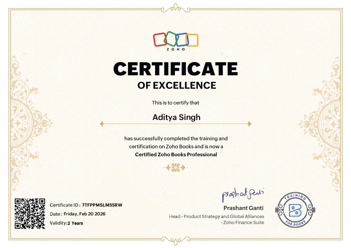 Zoho Books certification showing authorized Zoho Books partner and accounting software expertise